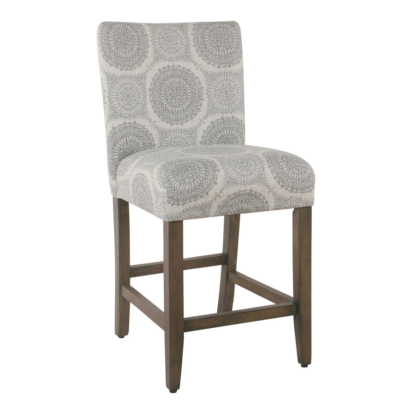 Wooden Counter Height Stool with Medallion Pattern Fabric Upholstery， Gray