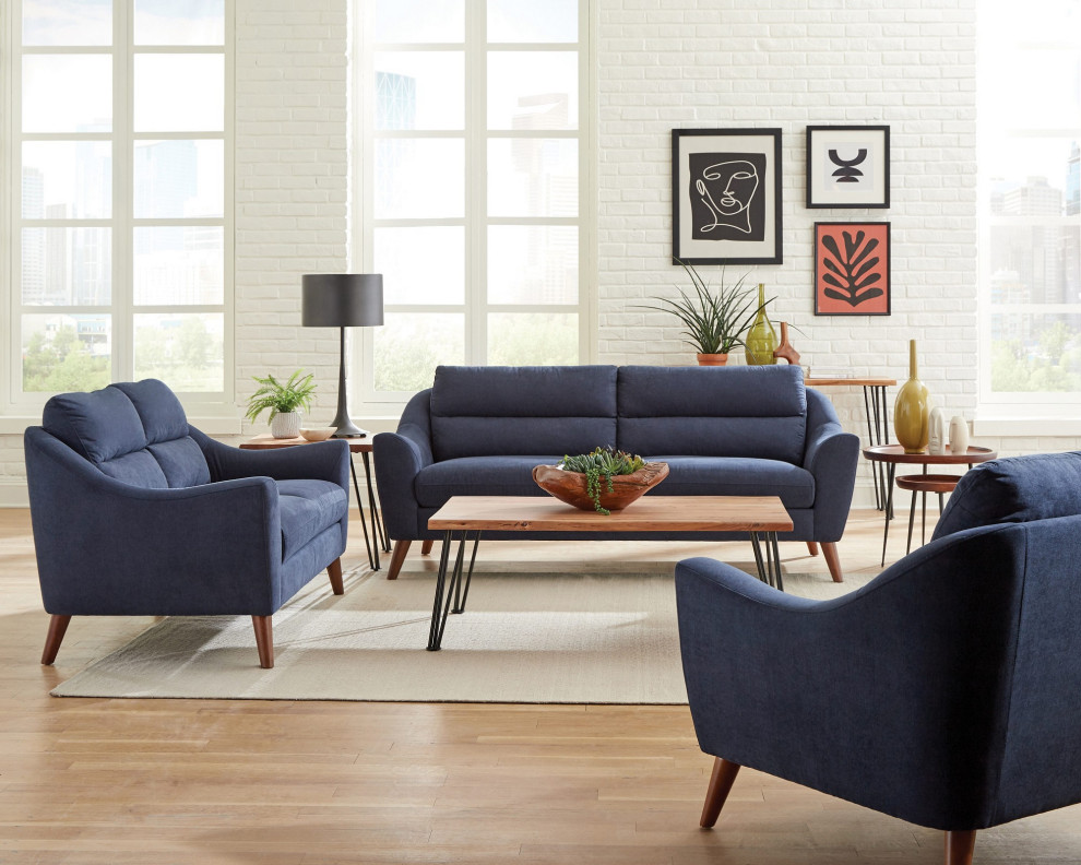 Fabric Upholstered Loveseat With Sloped Arms and Wood Legs  Navy Blue   Midcentury   Loveseats   by Simple Relax  Houzz