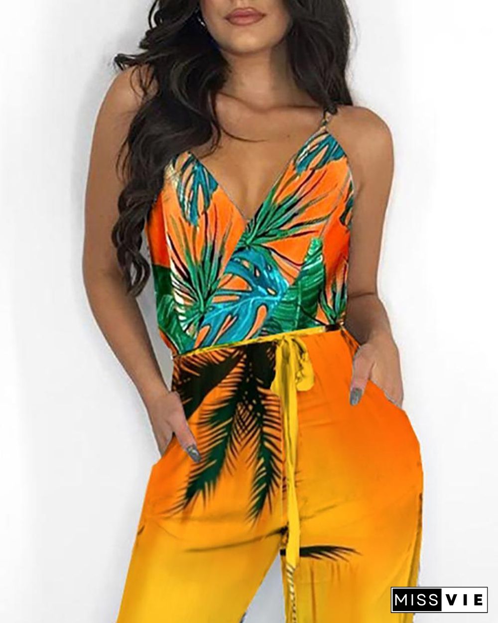 Tropical Print Pocket Design Slit Leg Jumpsuit P16071