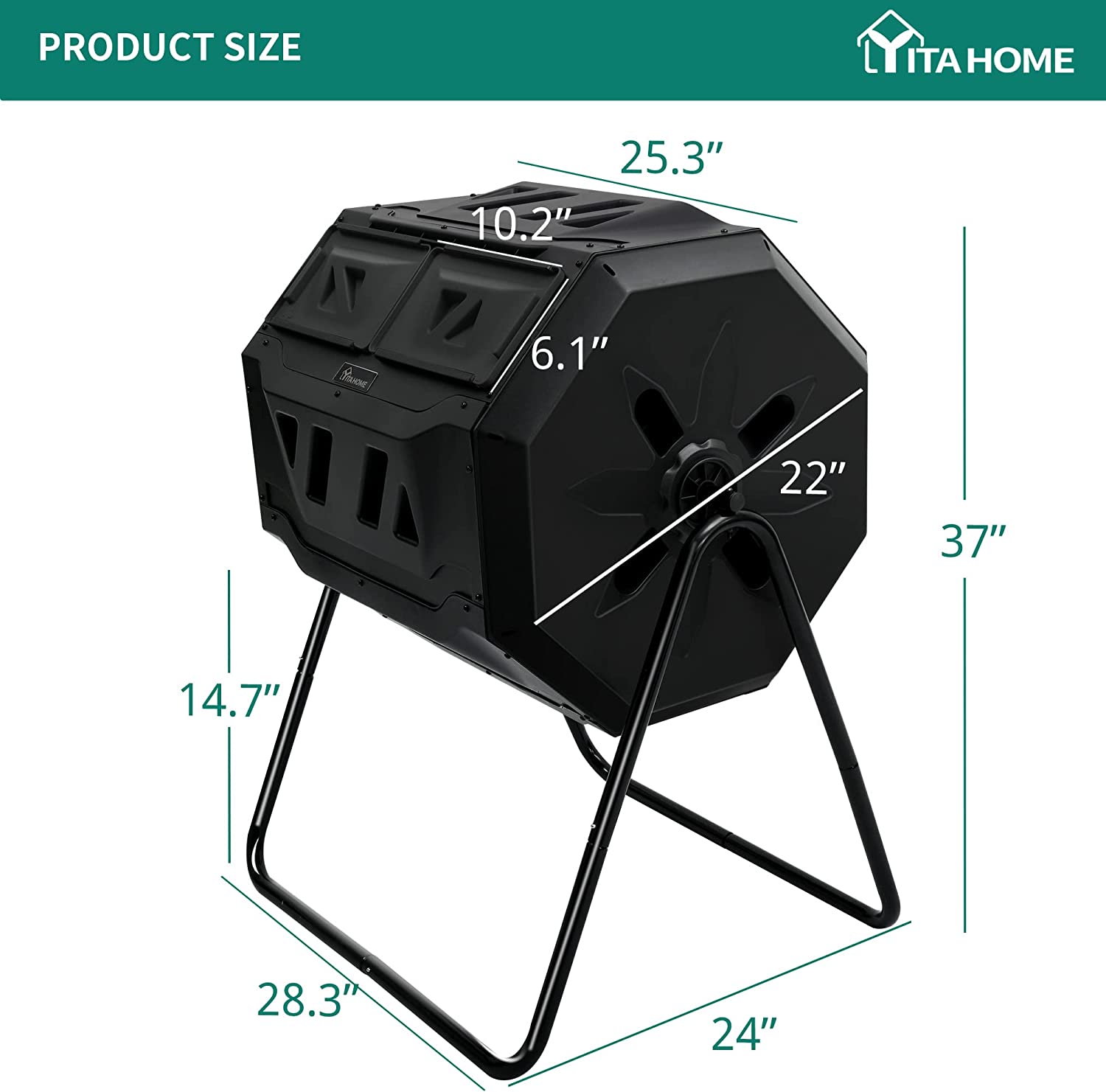 YITAHOME Large Outdoor Dual Bin Composter Tumbling , 43 Gallon Rotating Compost Bin with 2 Sliding Doors and Aeration System, Garden Compost Tumbler, BPA Free (2 x 21.5 Gallon,Black )