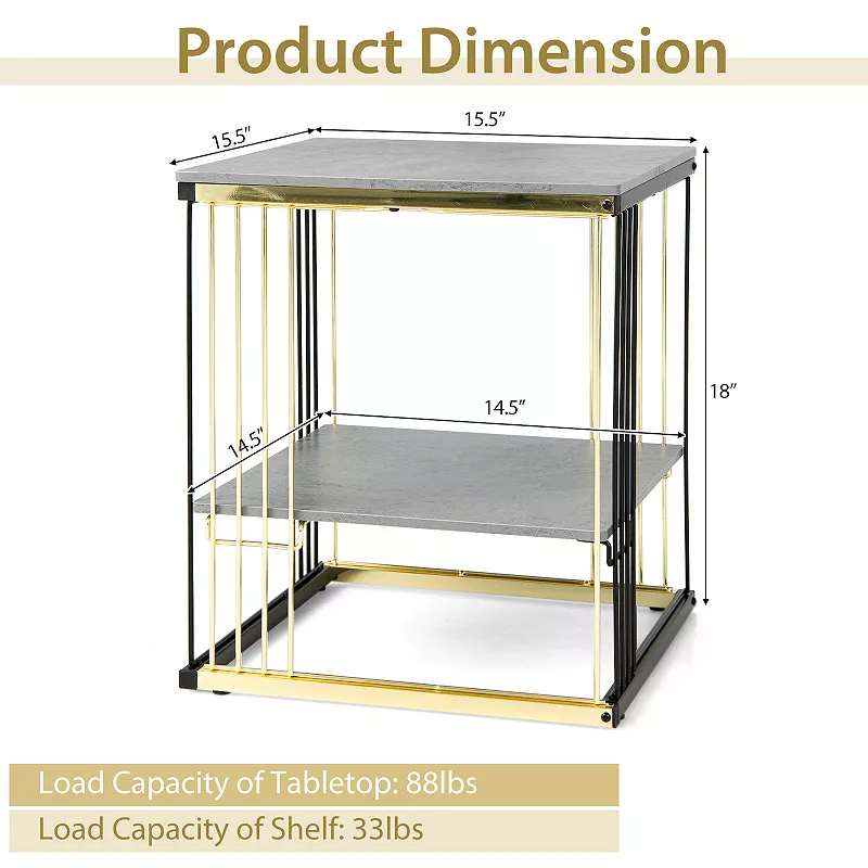 2-Tier Metal Square Side End Table with Removable Shelf-Gray