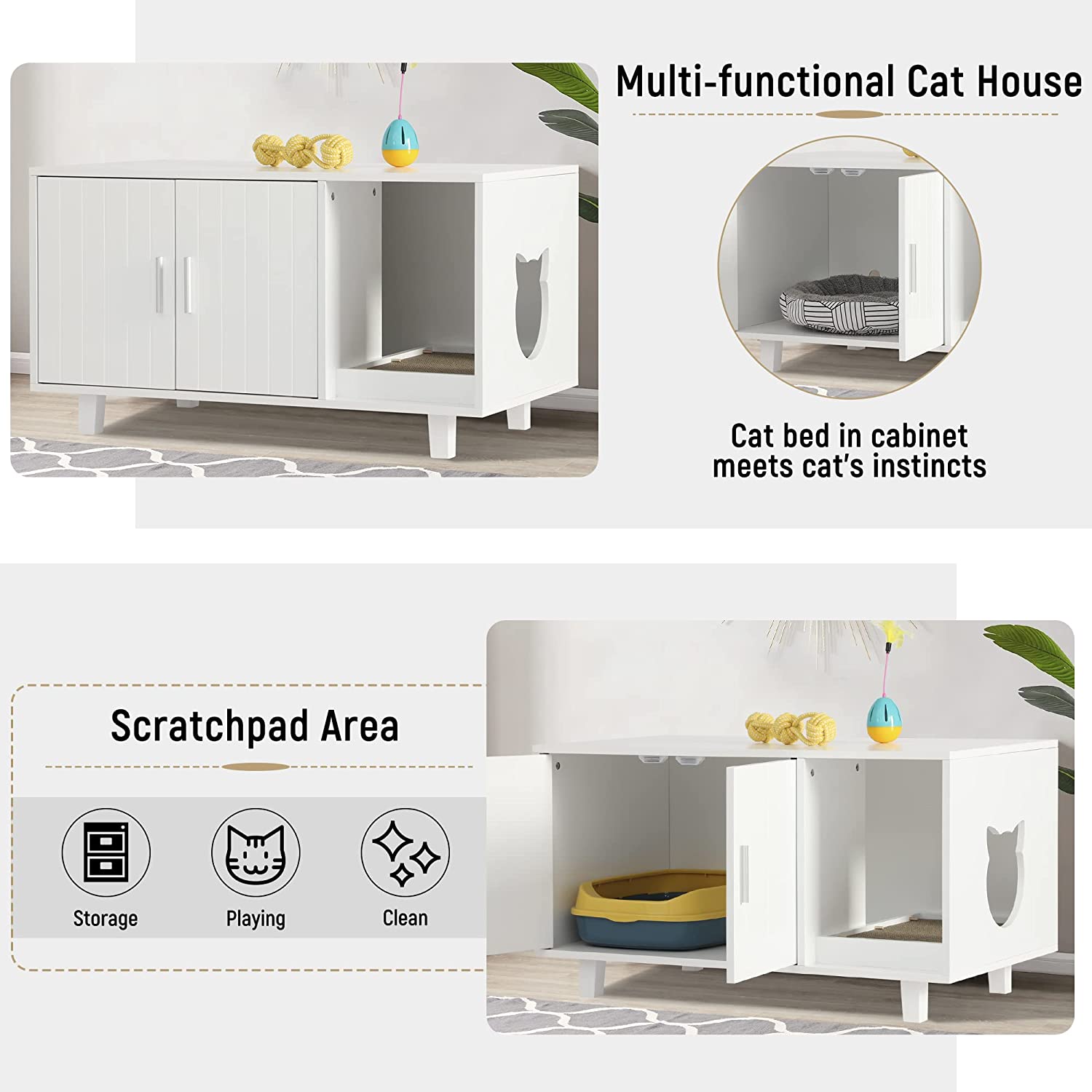 KIGOTYCat Litter Box Enclosure， Cat Litter Box Furniture Hidden Cat Washroom Furniture House Table Nightstand with Cat Scratch Pad， White