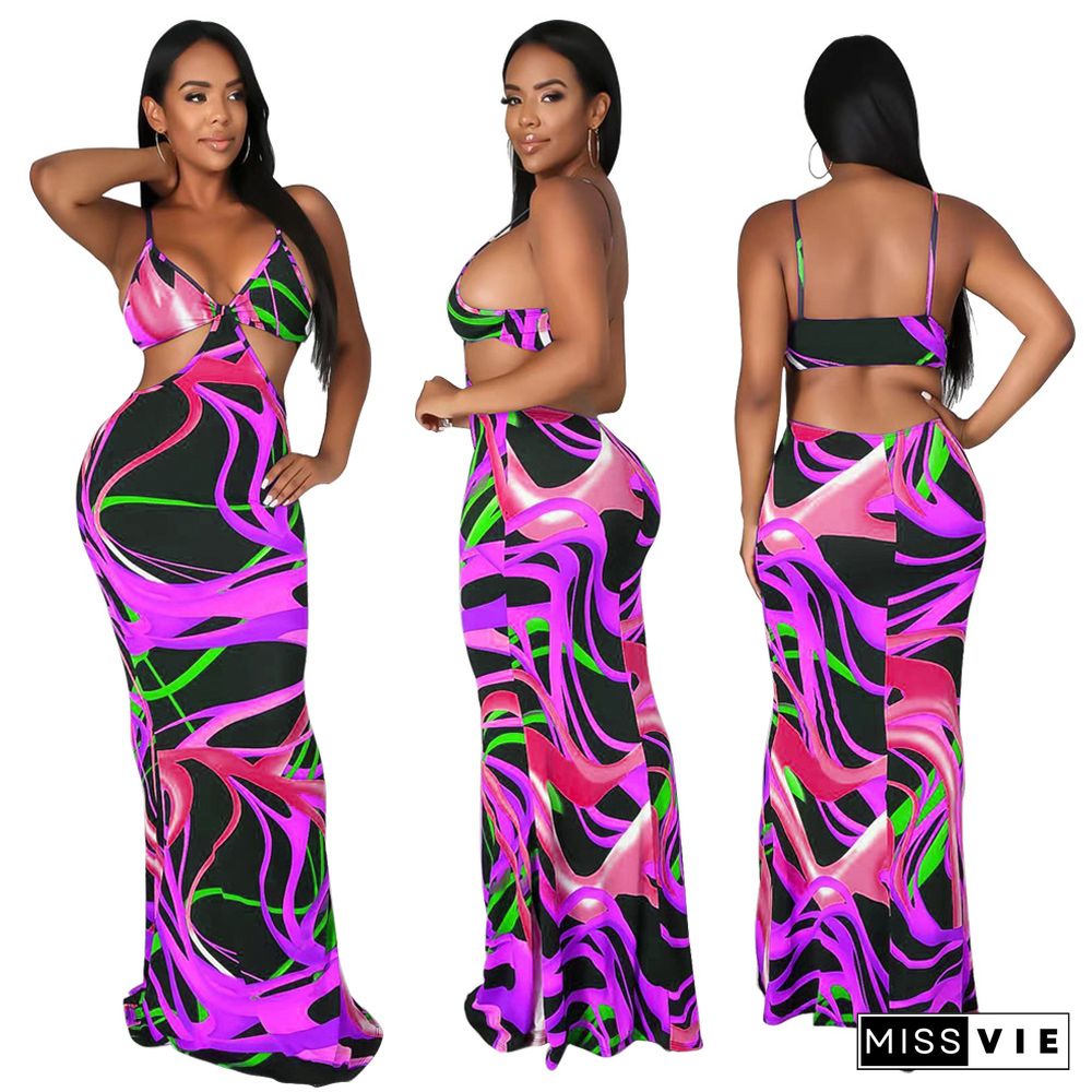 Sexy Tie Dye Sleeveless Spaghetti Straps V-Neck Hollow Out Stretchy Streetwear Bodycon Maxi Dresses