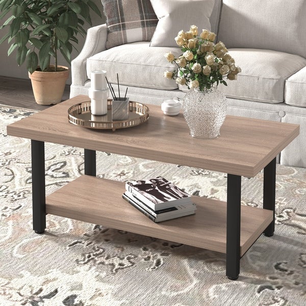 2-Tier Modern Rectangle Coffee Table， Wood Rectangle Sofa Table with Metal Straight Legs for Living Room