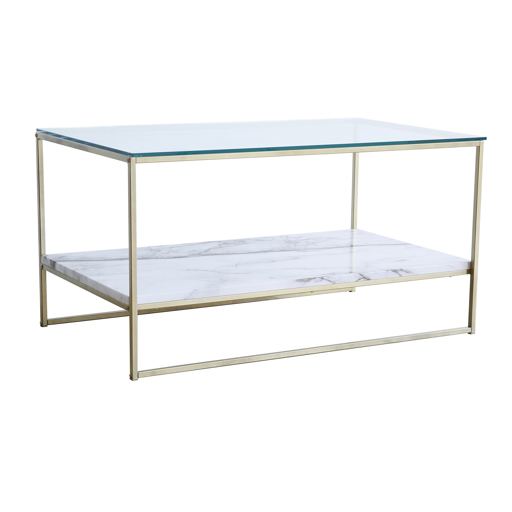 Roomfitters 2 Tier White Faux Marble Print Coffee Table with Glass Top