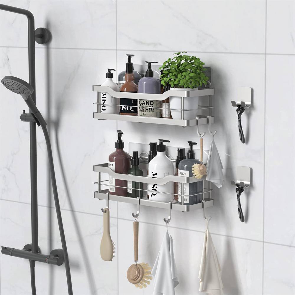 Cubilan Wall Mount Shower Caddy Bathroom Shelf with 8 Hooks in Silver(2-Pack) HD-NLB