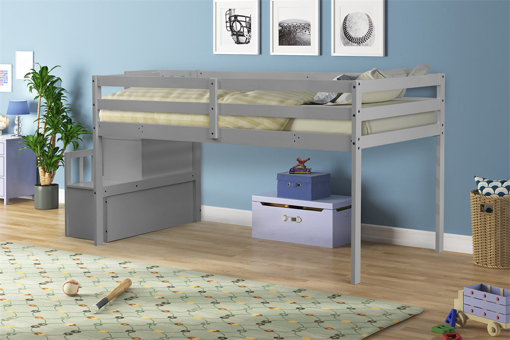 Twin Loft Bed with Stairs and Storage, Wood Loft Bed for Kids/Teens/Child's Room, 44.5 inches Tall, No Box Spring Needed (Gray)