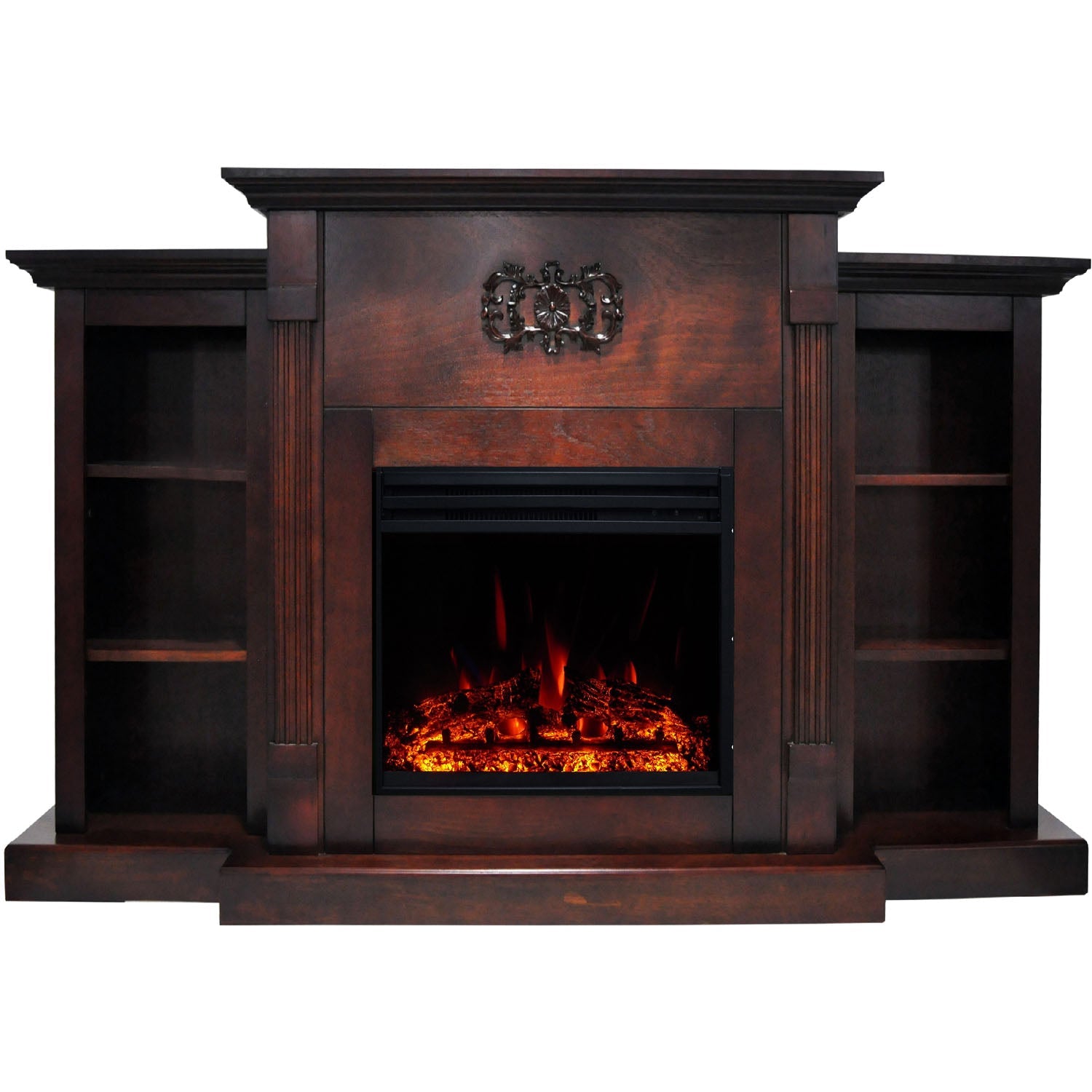 Cambridge Sanoma 72'' Electric Fireplace with Enhanced Charred Log Insert | Multi-Color Flame | For Rooms up to 210 Sq.Ft | Remote | Mahogany Mantel | Adjustable Heat Settings