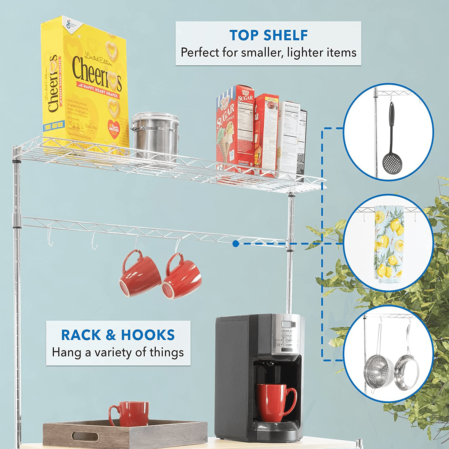 Nisorpa Baker's Rack for Kitchens， Microwave Stand Storage Rack， Kitchen Storage Organizer Shelf Workstation with 6 Hooks