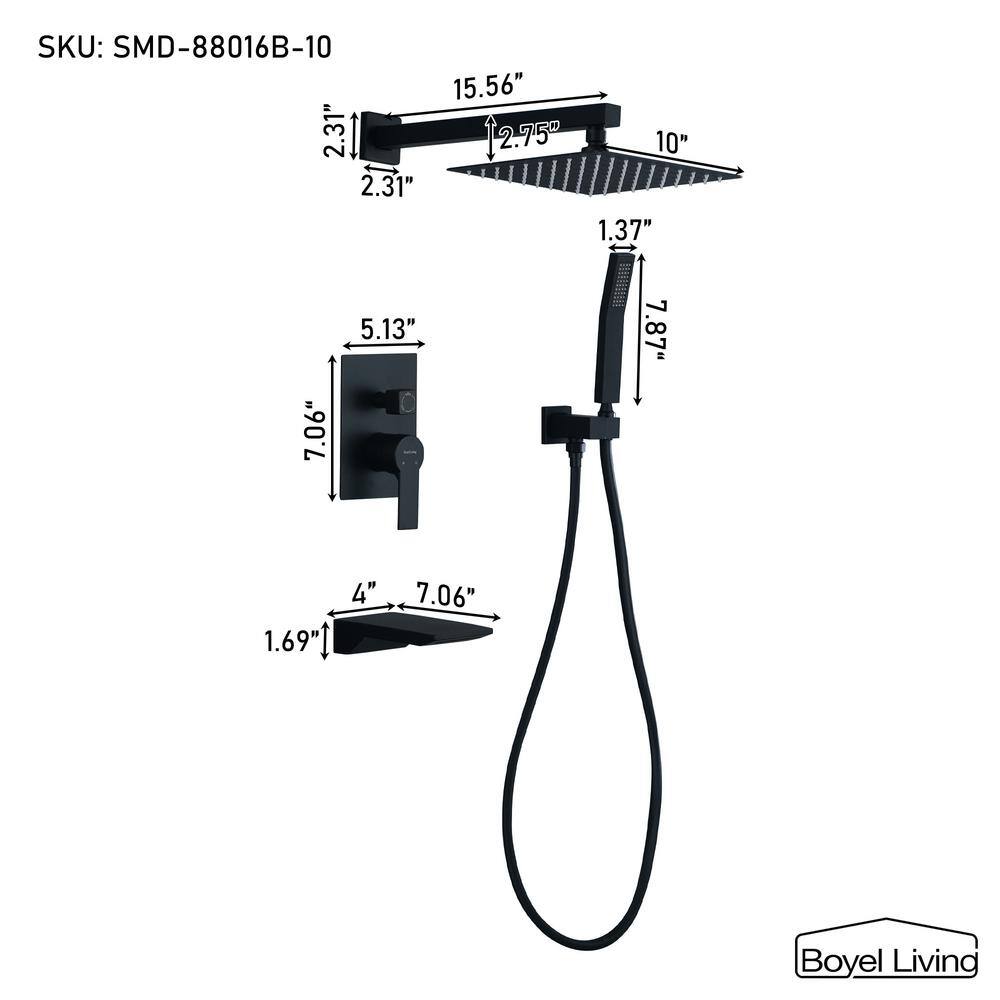 Boyel Living Wall Mount Single-Handle 1-Spray Tub and Shower Faucet with 10 in. Fixed Shower Head in Matte Black (Valve Included) SMD-88016B-10