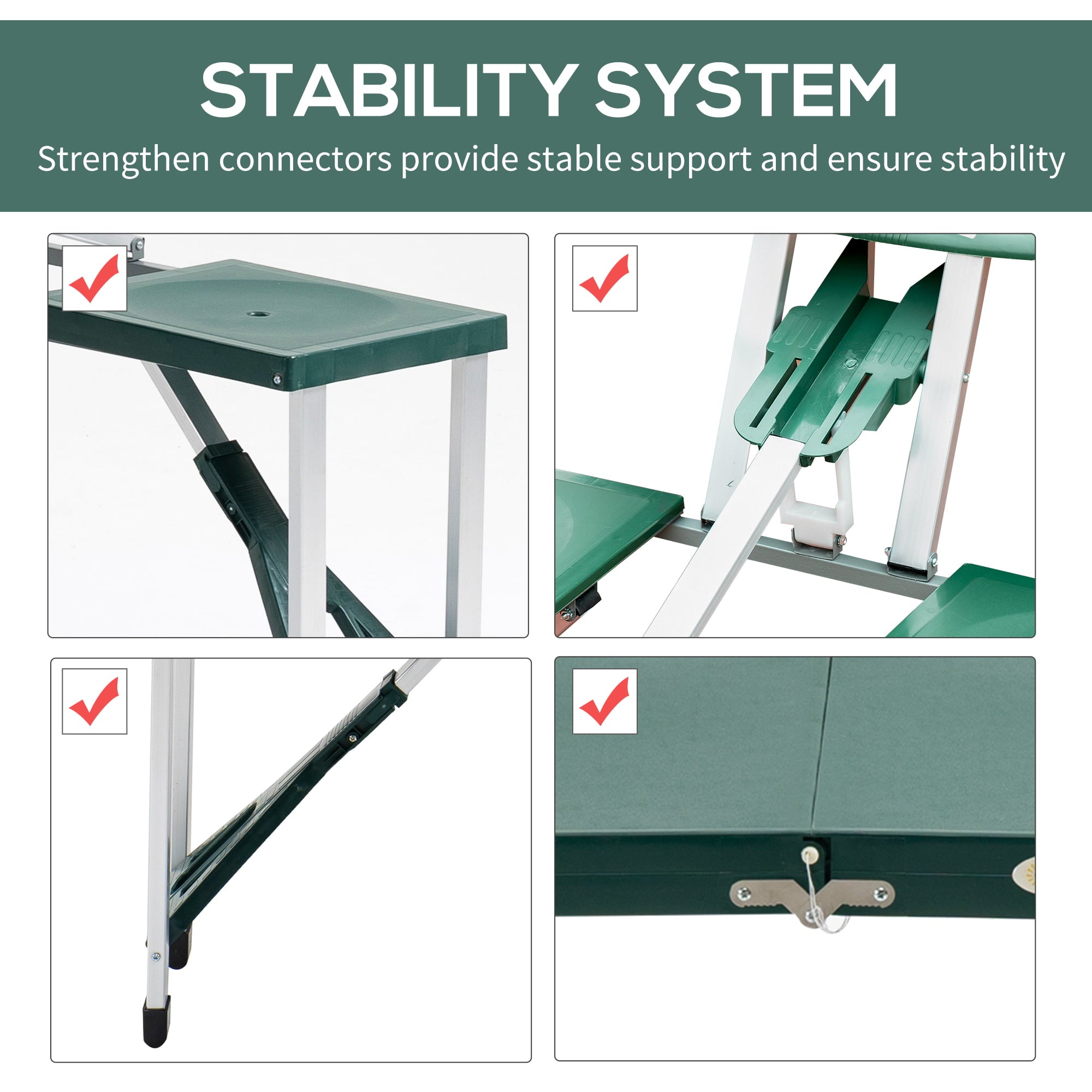 Outsunny 4 Person Plastic Portable Compact Folding Suitcase Picnic Table Set with Umbrella Hole - Green