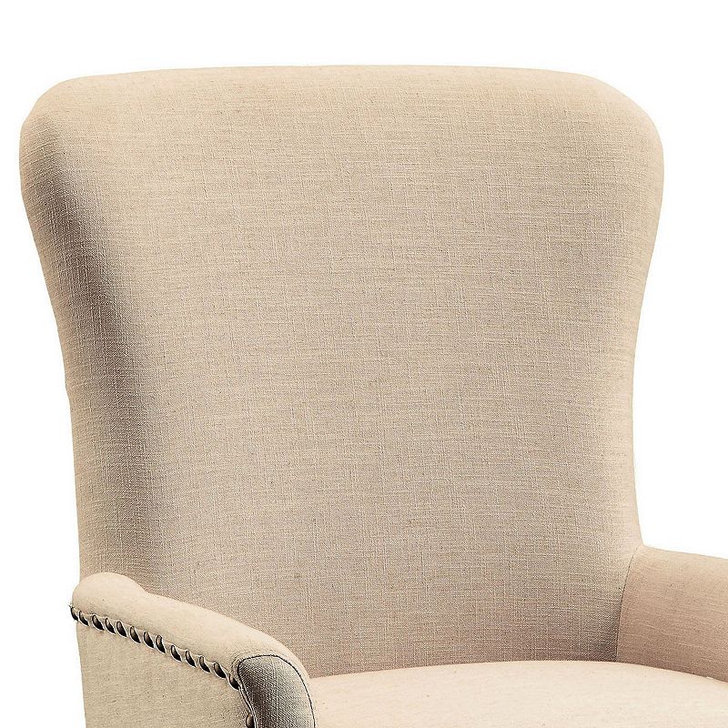 Wooden Arm Chair with Wing Back and Nailhead Trims， Beige and Brown