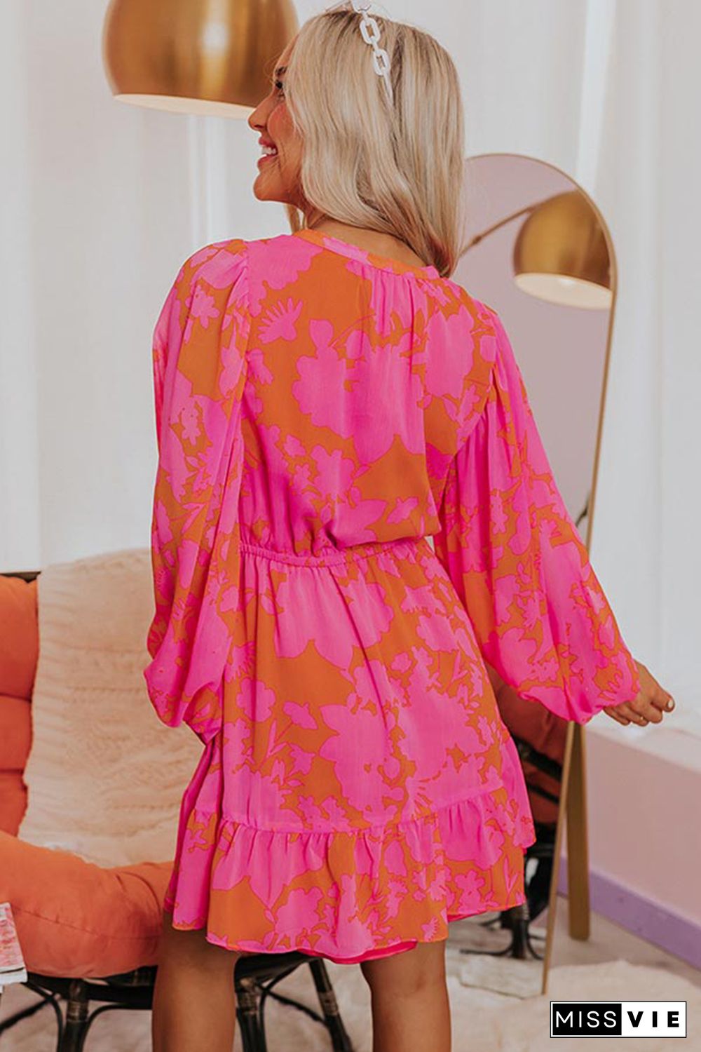 Rose Abstract Printed Puff Sleeve Ruffle Flowy Dress