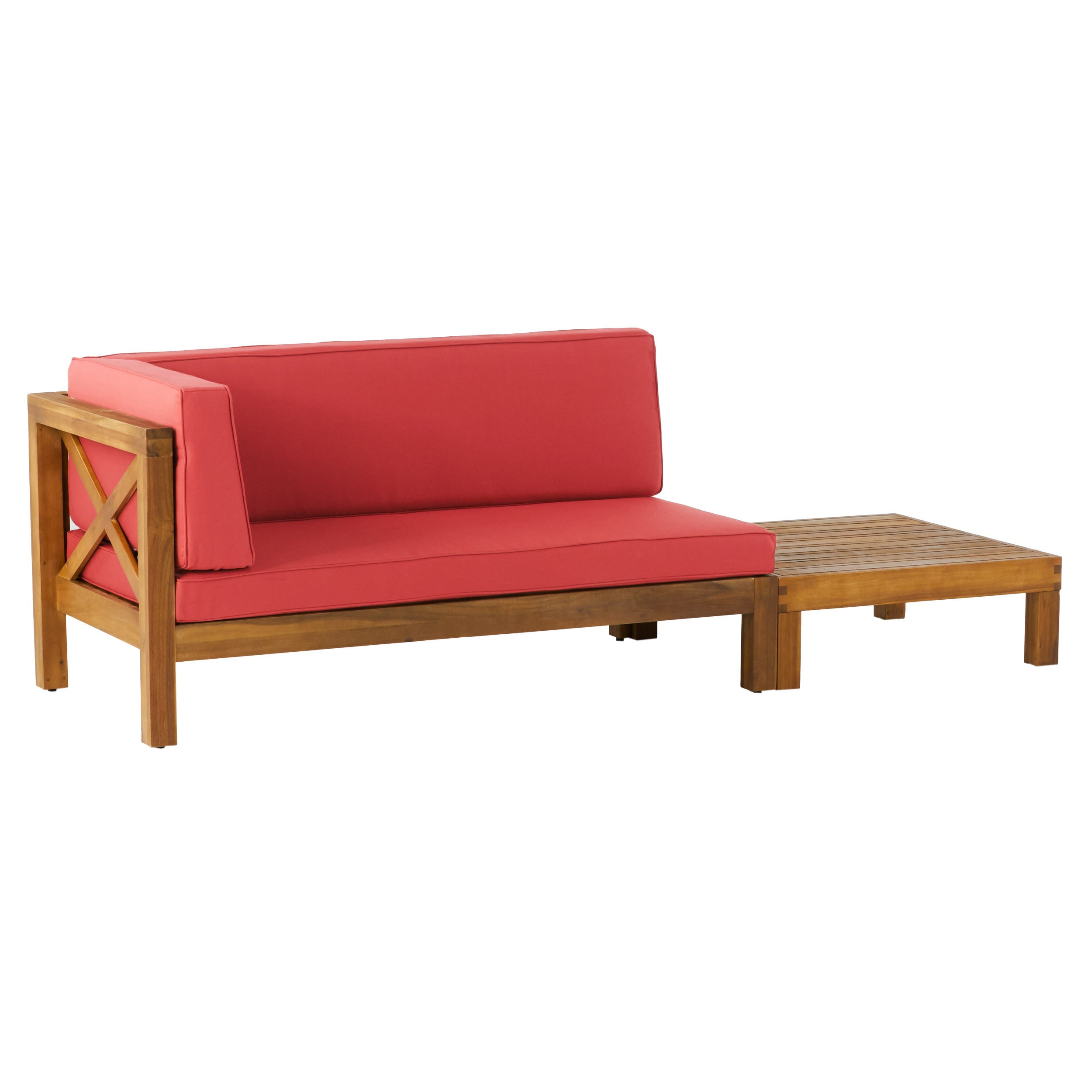 Keith Outdoor Acacia Wood Left Arm Loveseat and Coffee Table Set with Cushion