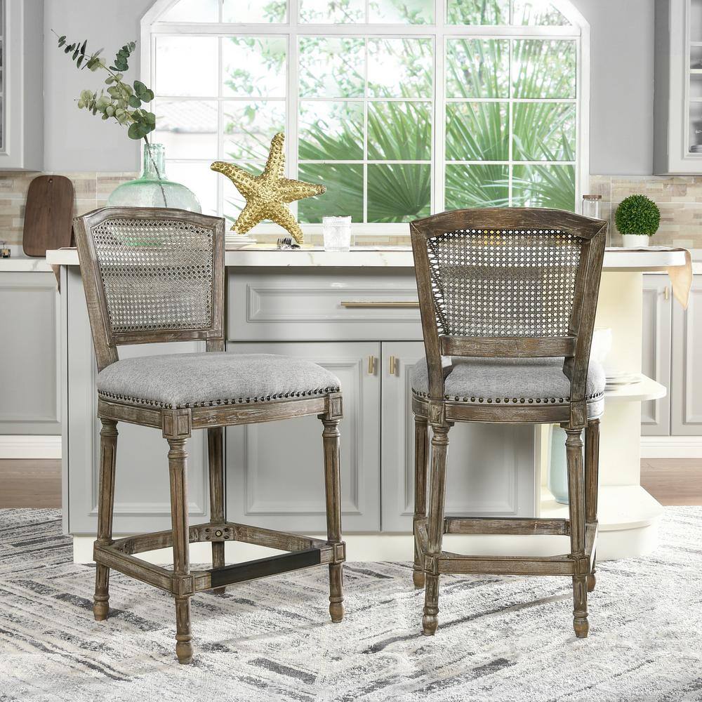 Jennifer Taylor Triomphe 26 in. Heathered Grey High Back Rattan Wicker Counter Bar Stool with Linen Seat 81220-MLH