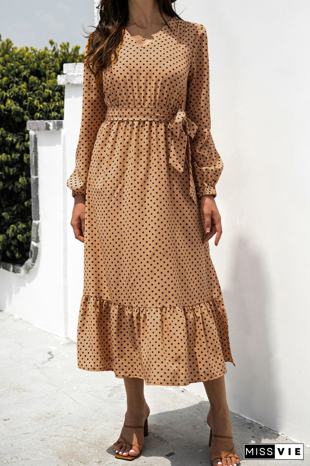 Dot Full Printed Longsleeves Split Lace-up Dress Wholesale