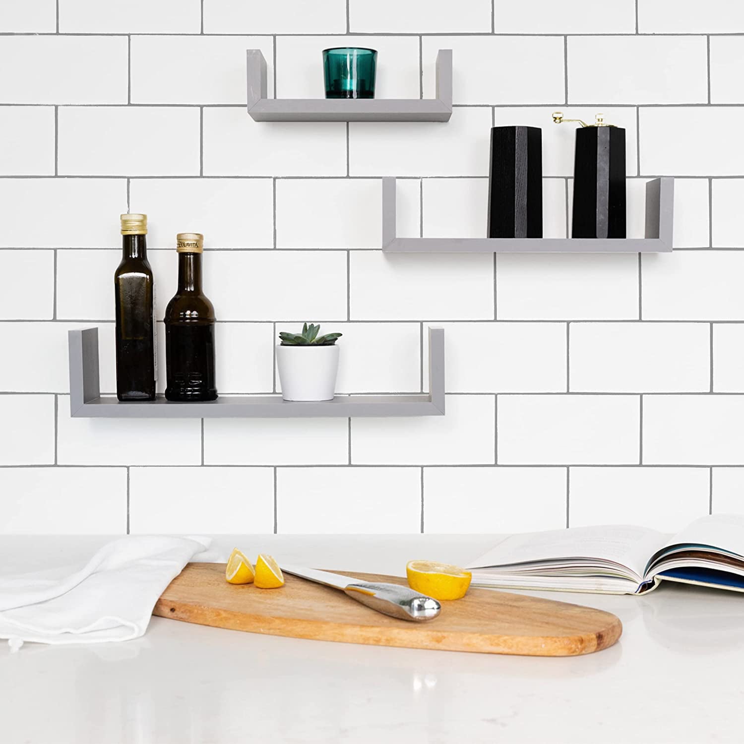 Greenco Set of 3 Floating U Shelves, Gray Finish