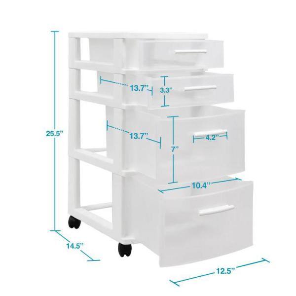 MQ 4-Drawer Resin Rolling Storage Cart in White and Clear 451-WHT