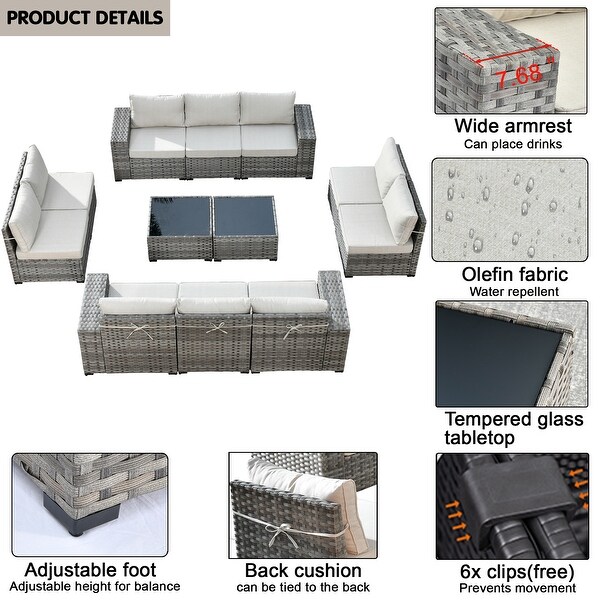 HOOOWOOO 12Piece Outdoor Patio Furniture Modular Wide Armrest Sectional Sofa Set