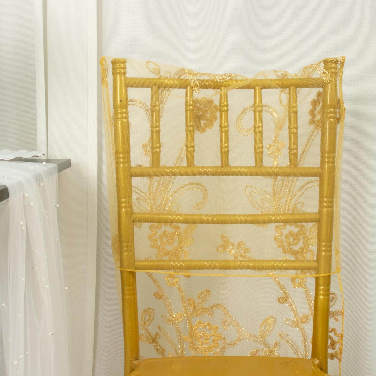 Gold Organza Floral Sequin Embroidered Wedding Chiavari Slipcover, Wedding Chair Back Lace Cover