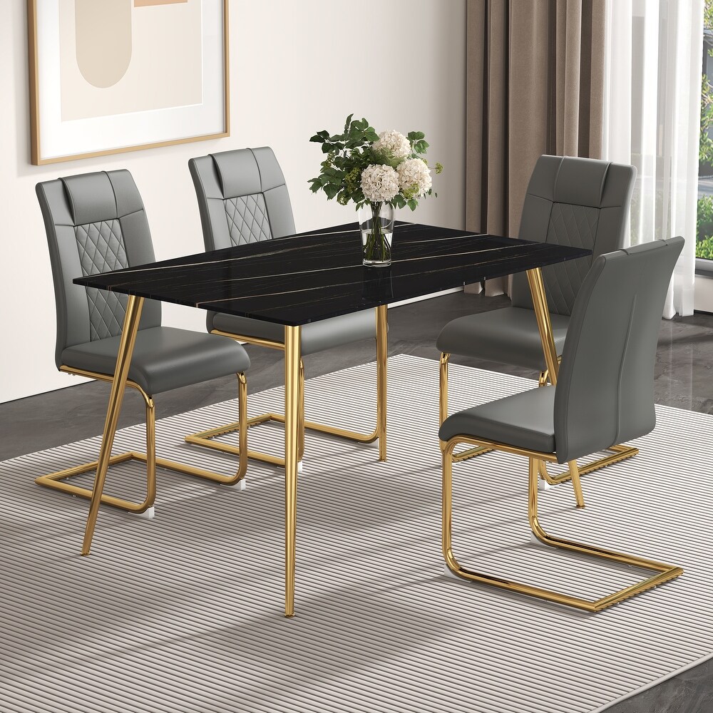 Modern rectangular black imitation marble dining table  0.3 inches thick  metal legs for kitchen  dining room