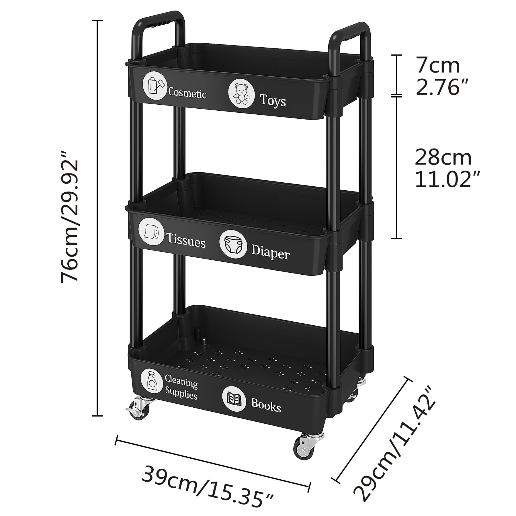 UDEAR 3-Tier Rolling Utility Cart with 12 Category Labels，Multifunctional Storage Shelves with Handle and Lockable Wheels for Room，Office，Kitchen，Bathroom，Black