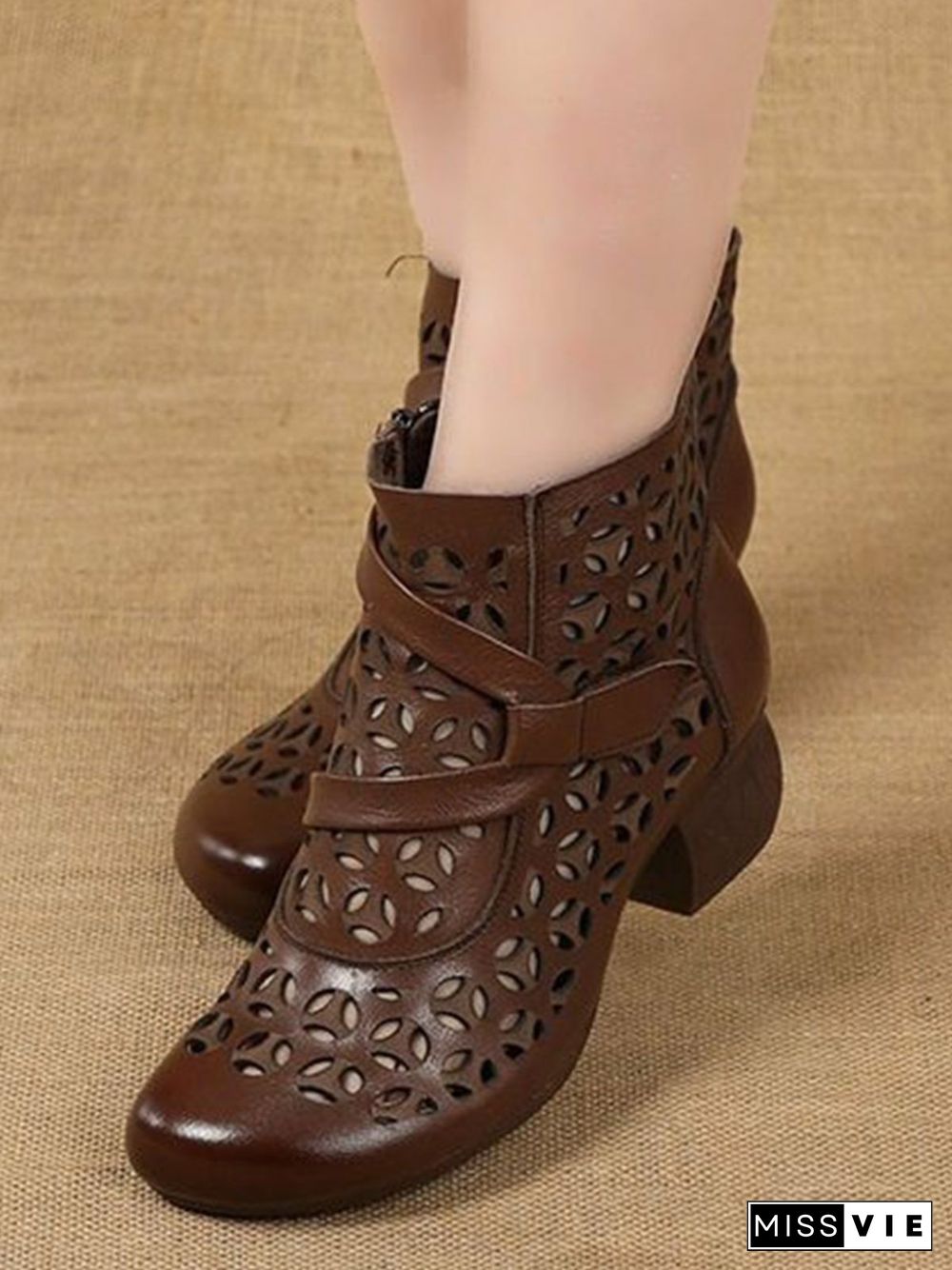 Vintage Cutout Chunky Heel Boots