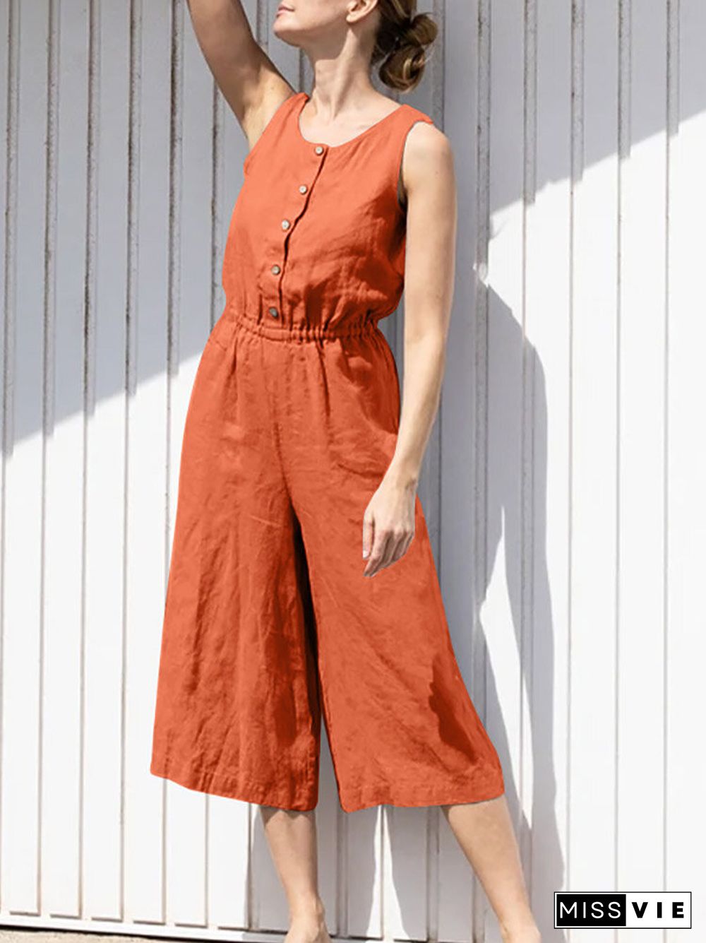 Solid Button Sleeveless Elastic Waist Wide Leg Jumpsuit