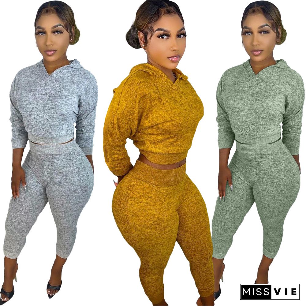 Knitted Hoodies Crop Top Joggers Sweat Pants Set