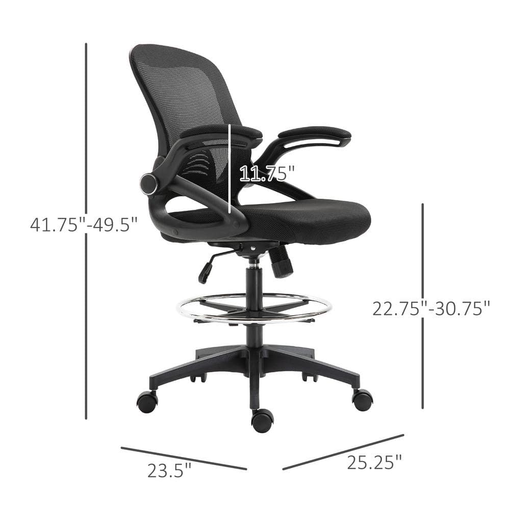 Vinsetto Black Drafting Office Chair with Lumbar Support, Flip-Up Armrests, Footrest Ring and Adjustable Seat Height 921-190