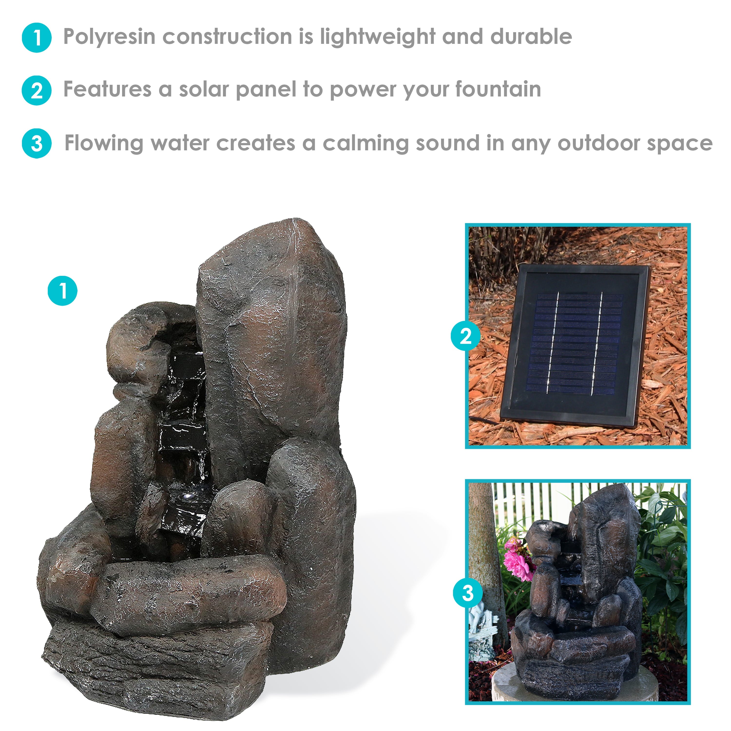 Sunnydaze Outdoor Solar Powered Rock Falls Water Fountain with Battery Backup， Submersible Pump， and LED Lights - 22