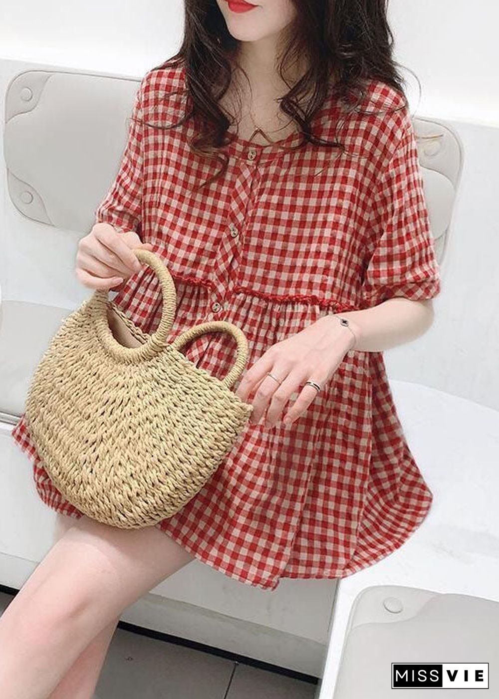 Women Red O Neck Plaid Wrinkled Patchwork Cotton Shirt Top Summer