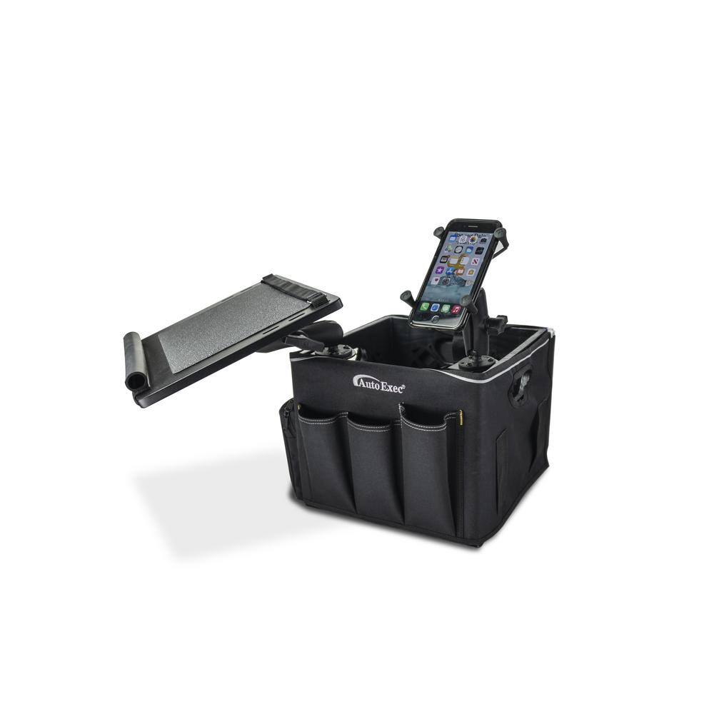 AutoExec Milk Crate Vehicle and Mobile Office Work Station with Apron Laptop Tray Power Inverter and Phone Mount AECRATE-20