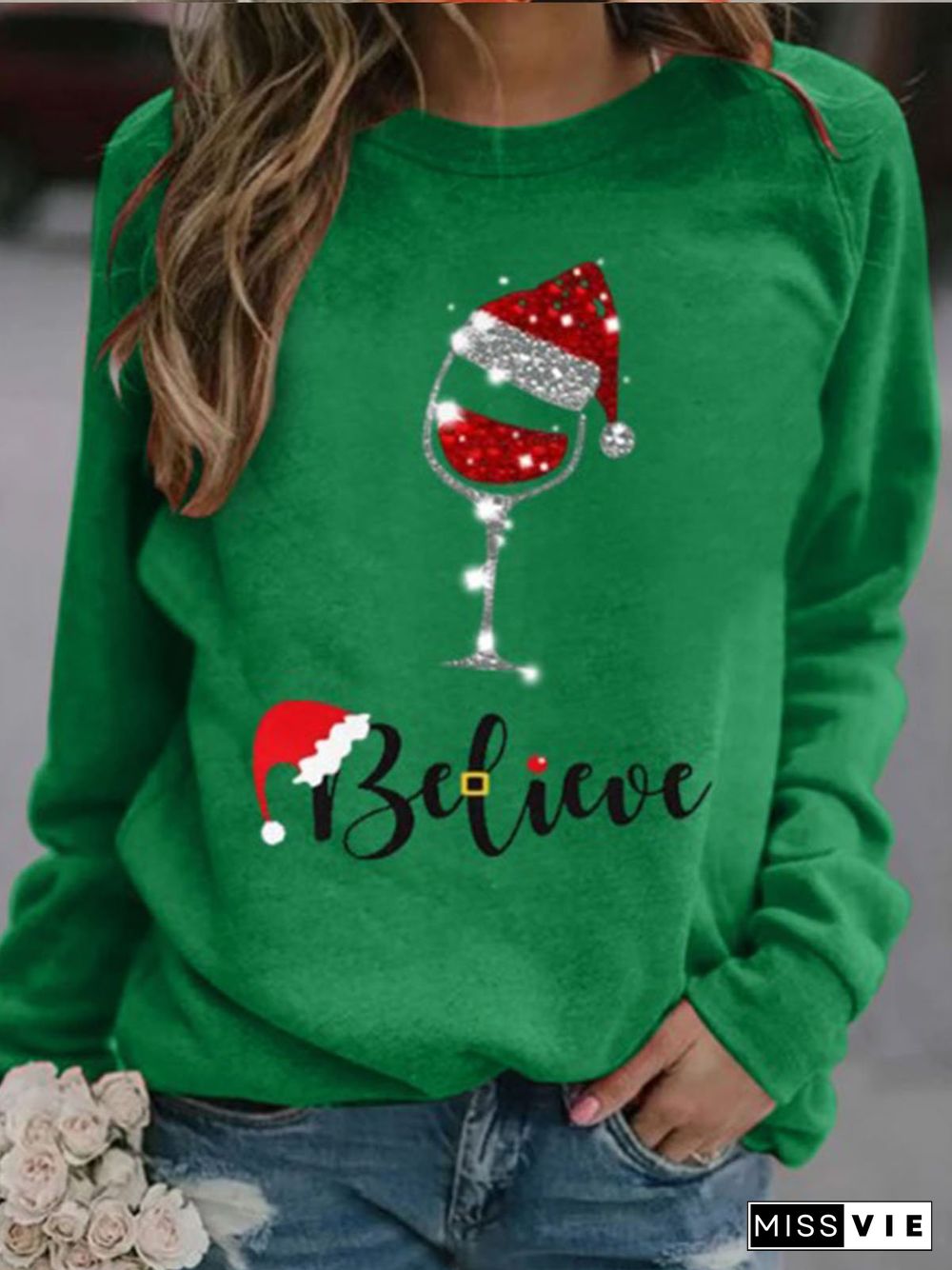 Christmas wine glass print T-shirt