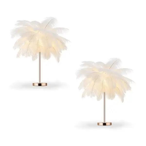 Gold and White Feather Tripod Table Lamp With Bulb