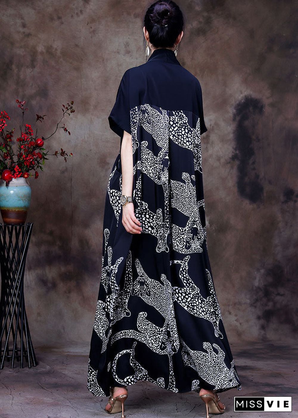 Loose Black V Neck Patchwork Print Silk Vacation Long Dress Short Sleeve