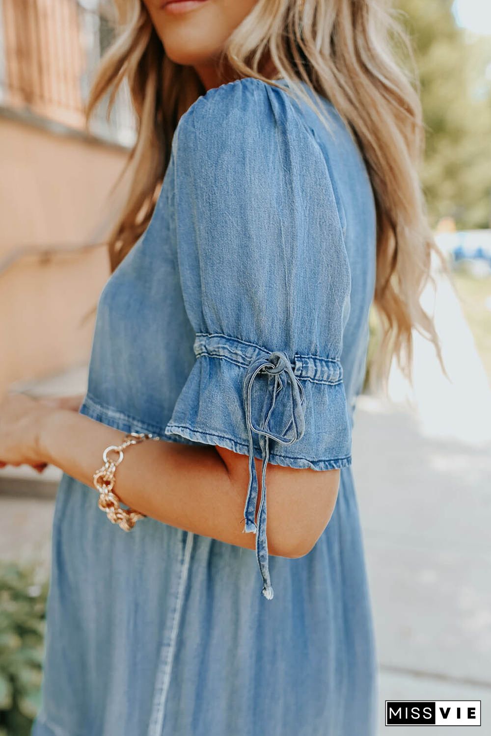 Blue High Waist Ruffled Denim Dress