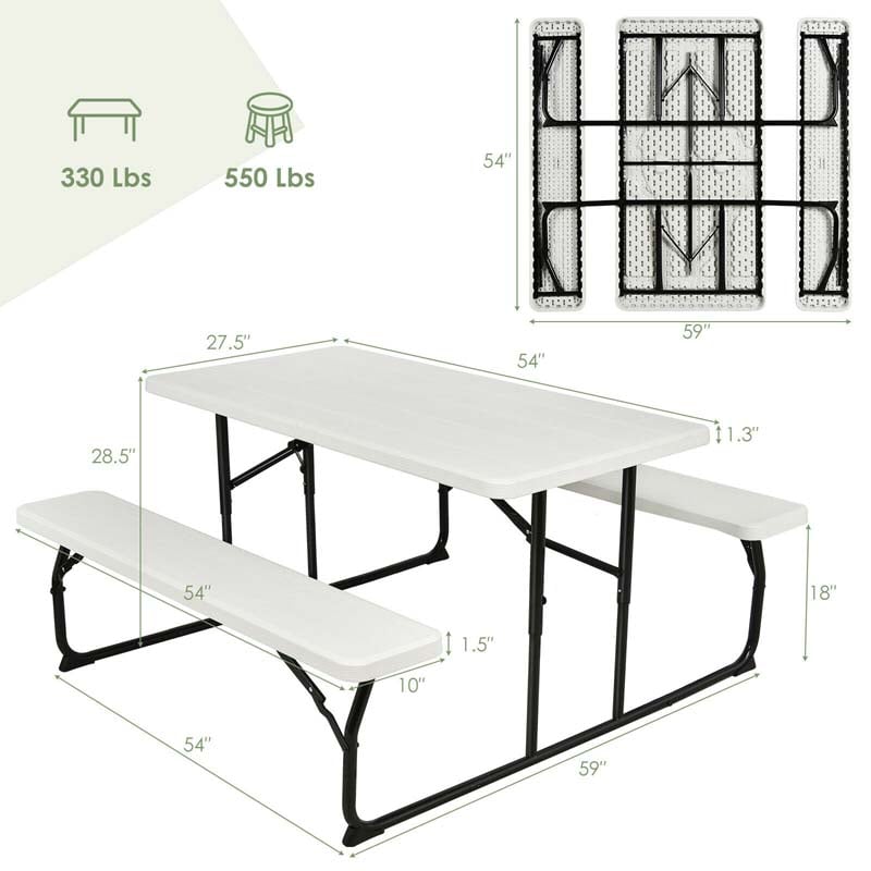 4-Person Folding Picnic Table Bench Set with Wood-like Texture & Metal Frame, Portable Outdoor Camping Dining Table Set