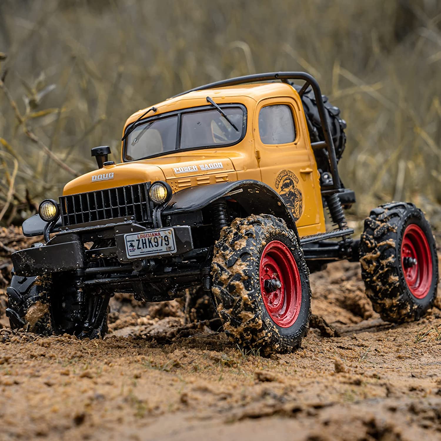 FMS RC Crwaler 1/24 Scale FCX24 Power Wagon Butcher RTR 4WD 2.4GHz Brushed OffRoad RC Car Model Vehicle Hobby Grade Remote Control Car with LED Lights Transmitter Battery USB Charger Included (Yellow)