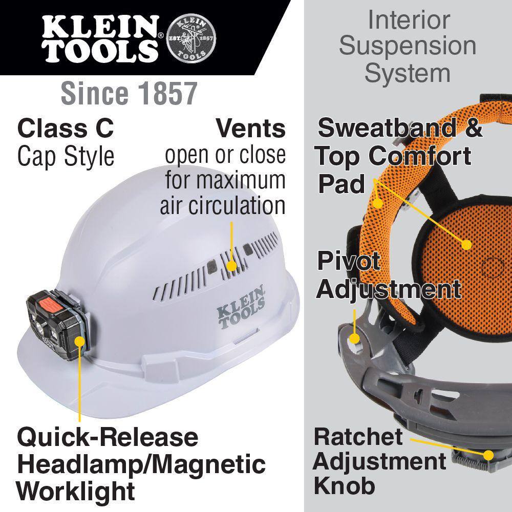 Klein Tools Hard Hat Vented Cap Style with Rechargeable Headlamp 60113RL