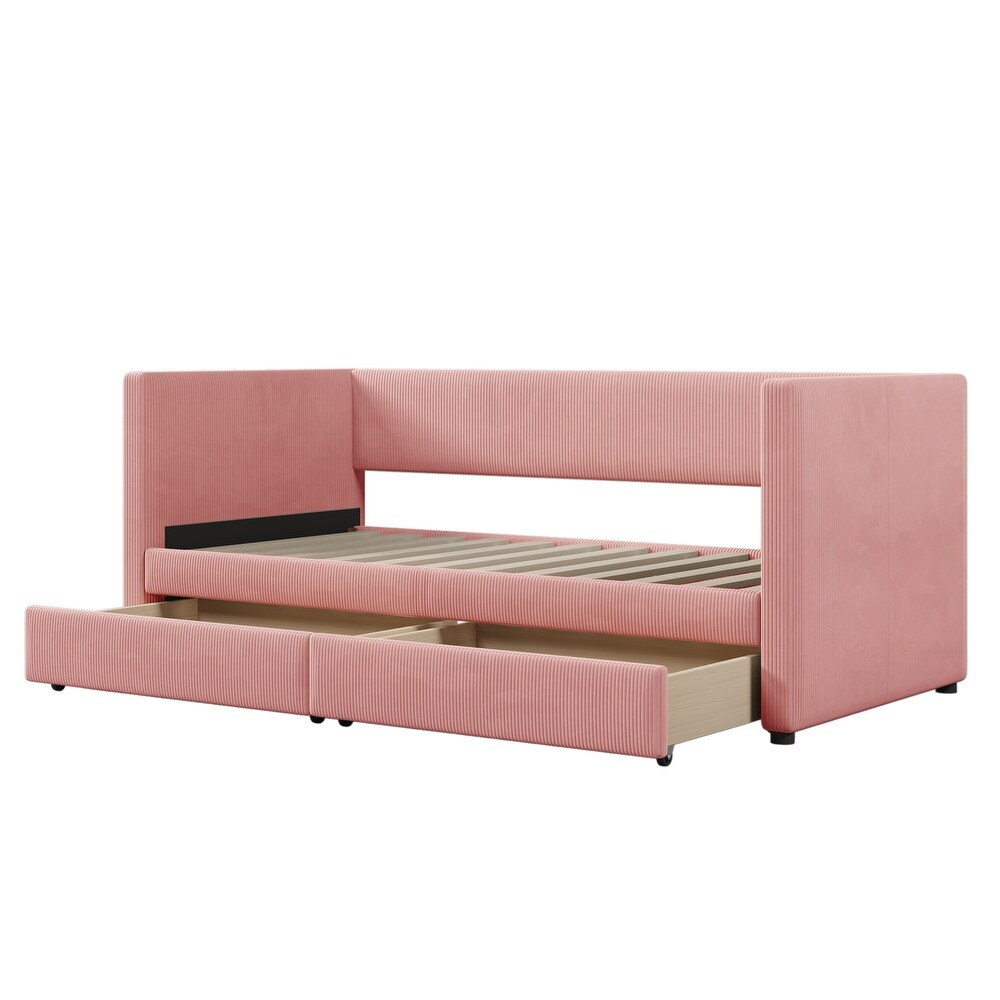 Pink Corduroy tufted Daybed Twin Frame w/ 2 Drawers No Box Spring Needed Wood Slat Support Bed Frame Noble Storage Bed Design