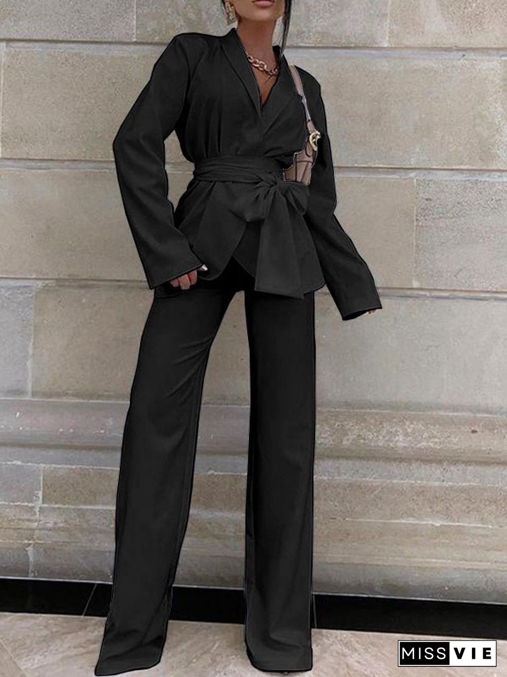 Women'S Sets Solid Tie Long Sleeve Blazers & Pants Two-Piece Set