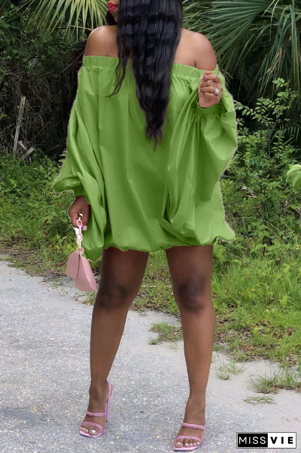 Green Sexy Casual Solid Backless Off the Shoulder Long Sleeve Dresses