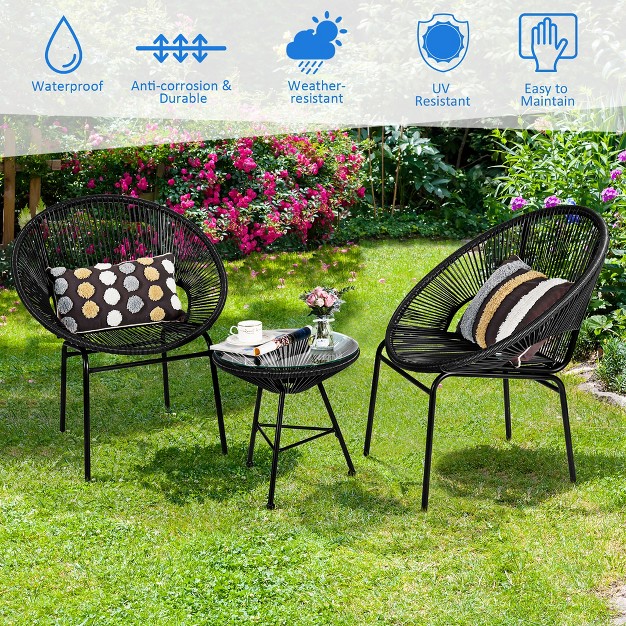 Costway 3pcs Patio Acapulco Furniture Bistro Set Plastic Rope Glass Table