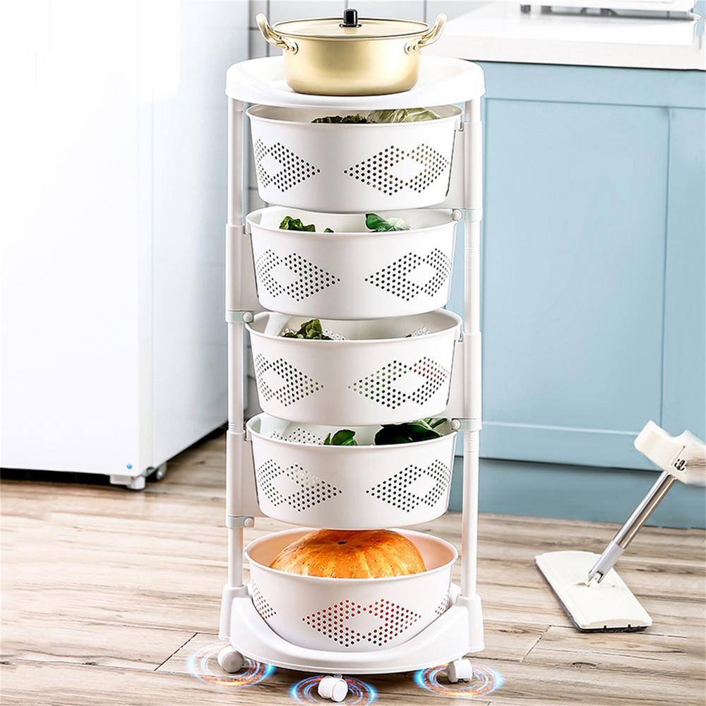 YIYIBYUS White Rolling 5-Tier PP Carbon Steel Storage Basket Shelving Unit (14.3 in. W x 36.2 in. H x 14.3 in. D) HG-HSYXF-6820