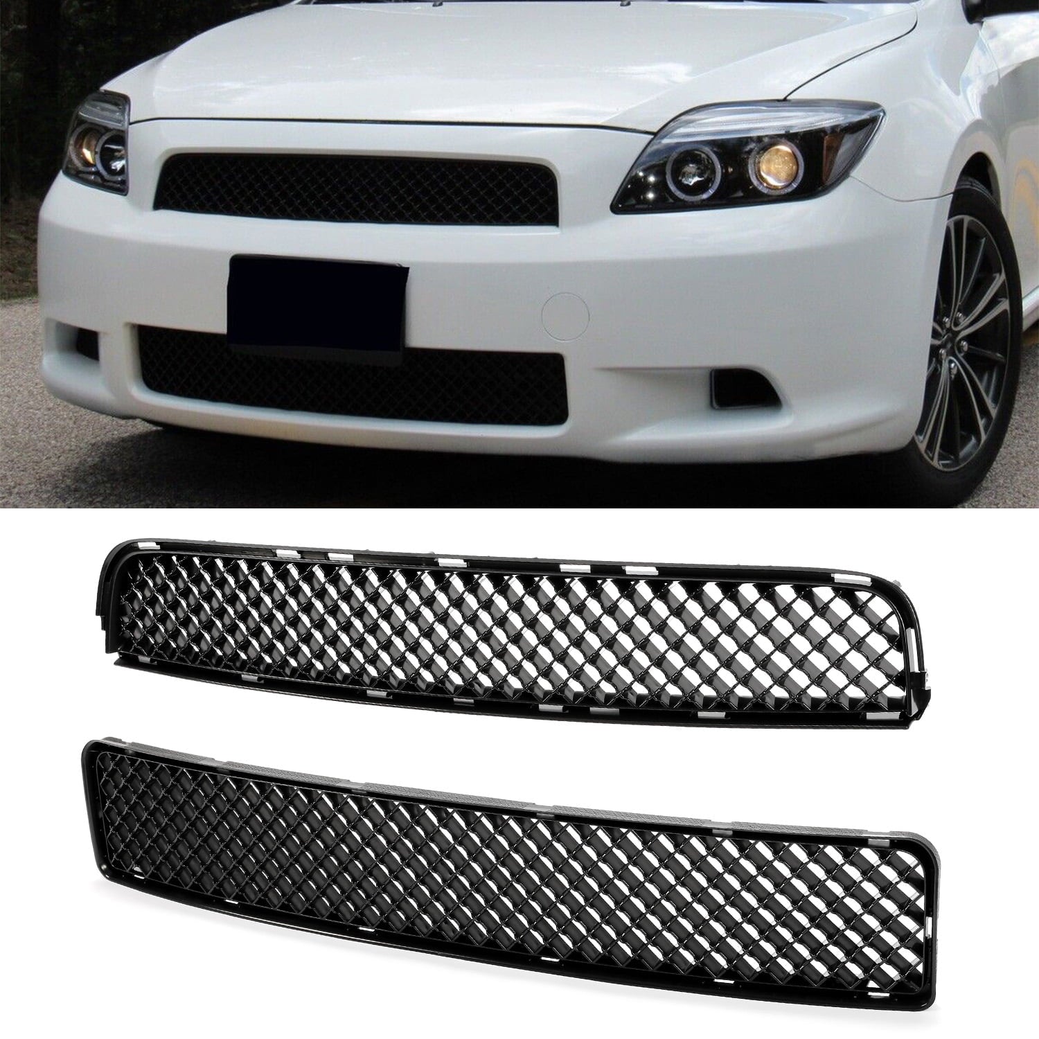 KOJEM Front Bumper Honeycomb Upper and Lower Mesh Grille for 05 06 07 08 09 10 Scion tC ABS Black Grill