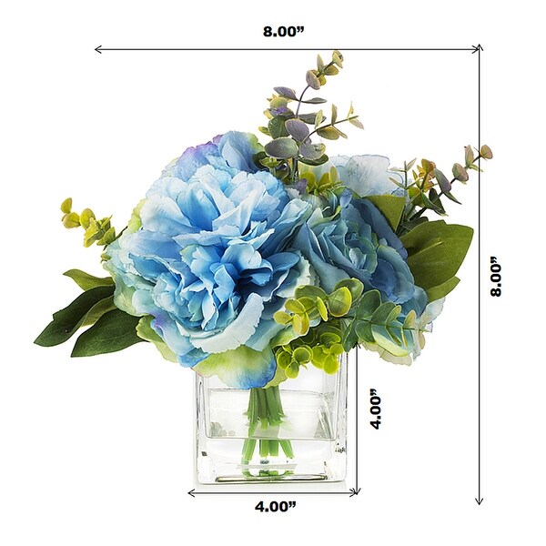 Enova Home Mixed Artificial Peony Flower and Eucalyptus Arrangement in Cube Glass Vase with Faux Water for Home Decór