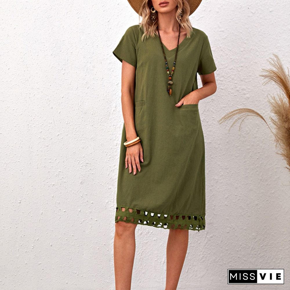 Fashionable And Versatile V-neck Short Sleeve Slim Solid Cotton Linen Dress