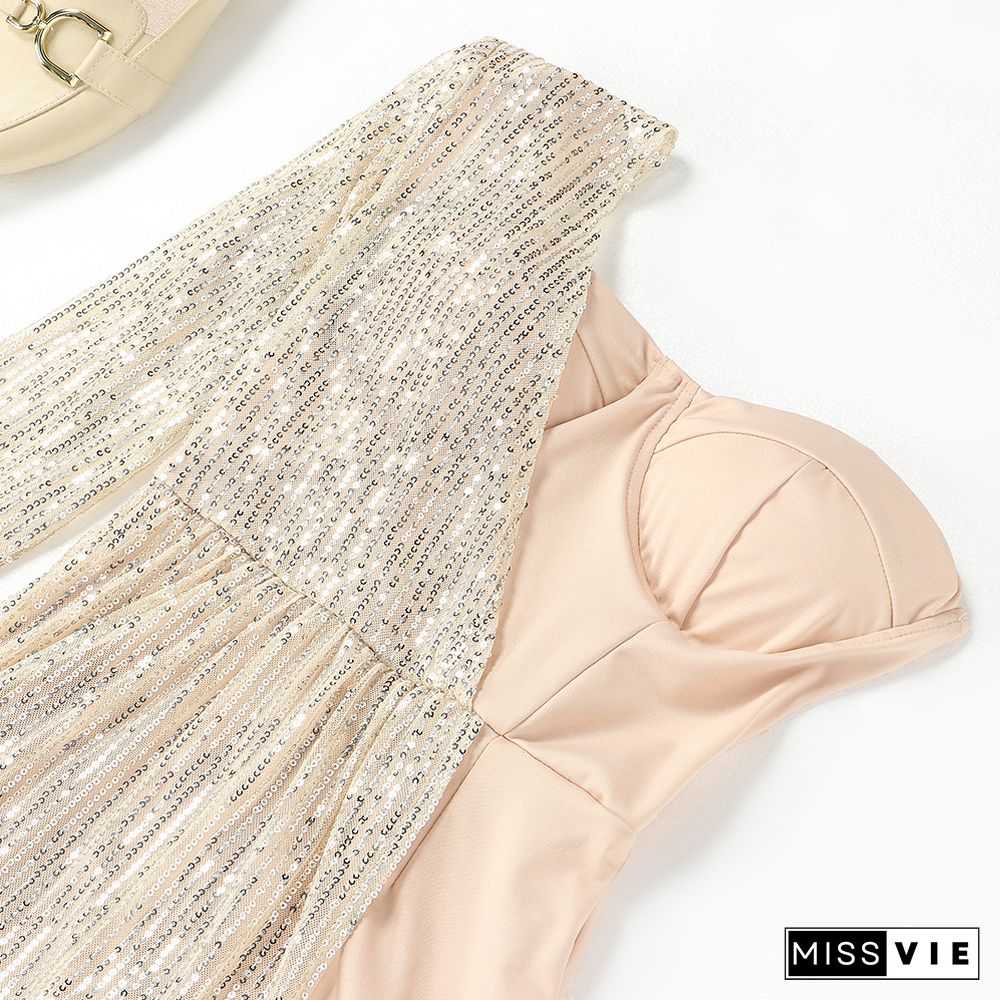 Glitter Sequin Party Club One Shoulder Full Sleeve Romper