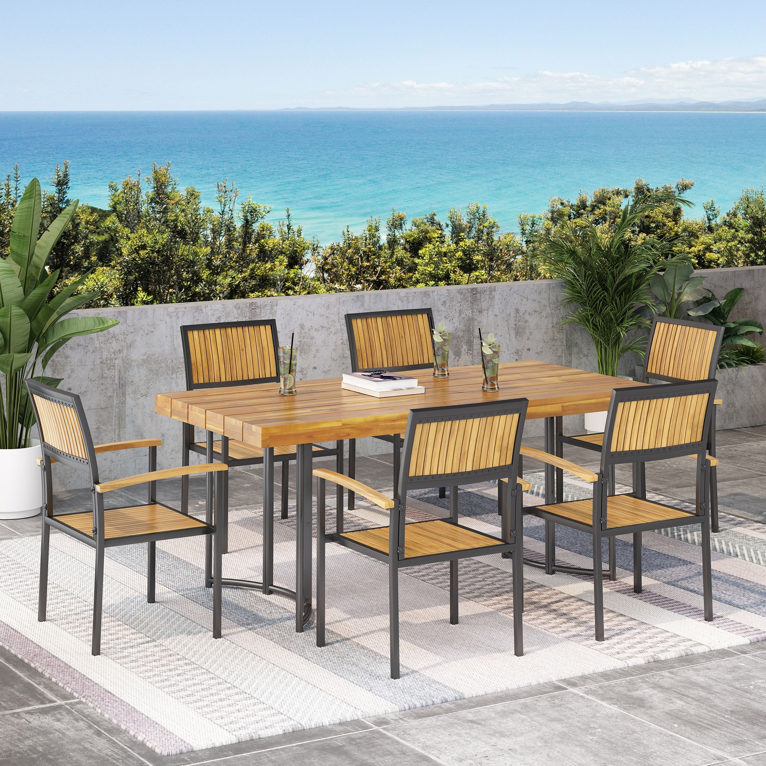 Rocio Outdoor Modern Industrial 7 Piece Acacia Wood Dining Set